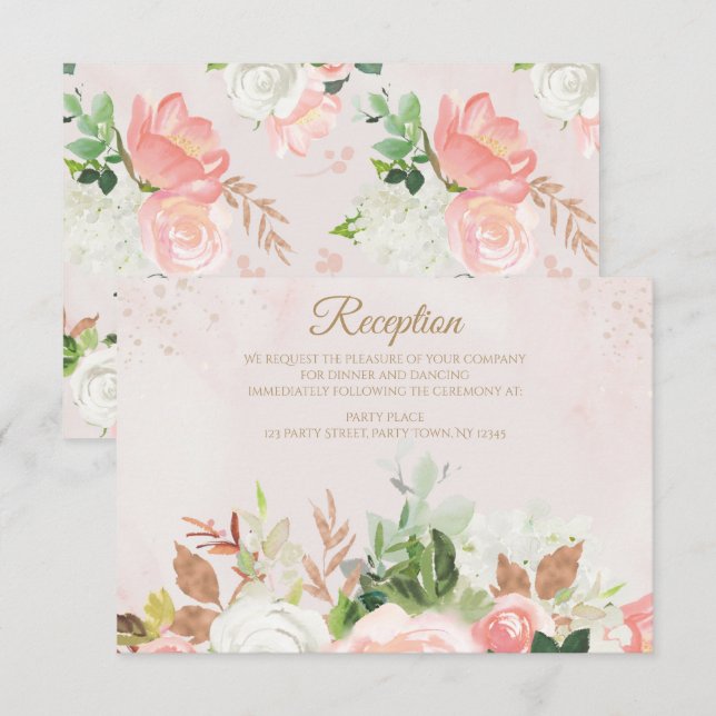 Tarjeta de recepción floral en acuarela rosa dorad (Anverso / Reverso)