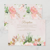 Tarjeta de recepción floral en acuarela rosa dorad