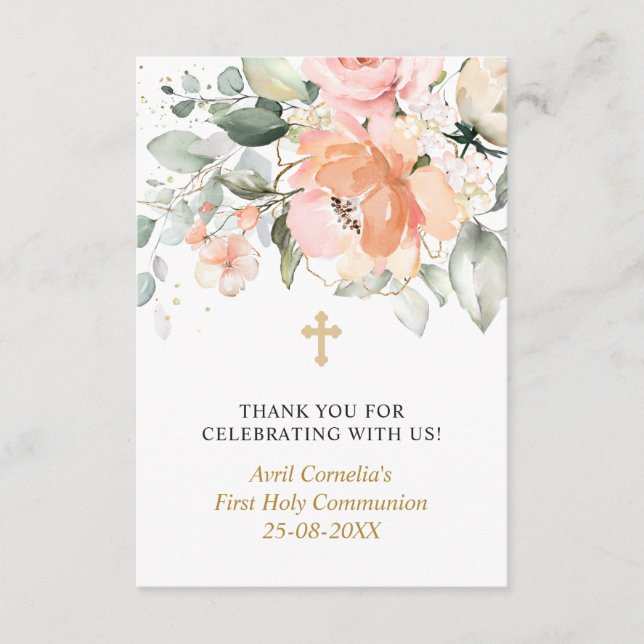 Tarjeta De Recepción Floral First Holy Communia Gracias (Anverso)
