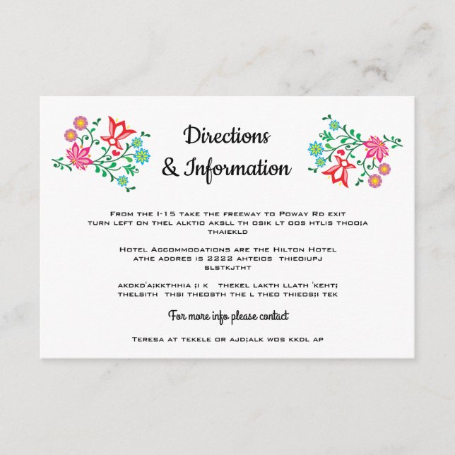 Tarjeta De Recepción Floral folclórica mexicana Fiesta Boda info (Anverso)