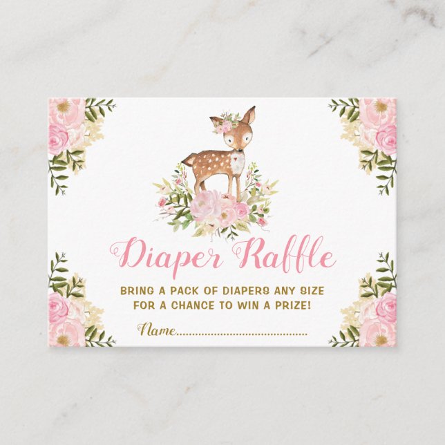 Tarjeta De Recepción Floral Forest Deer Diaper Raffle Chica Baby Shower (Anverso)