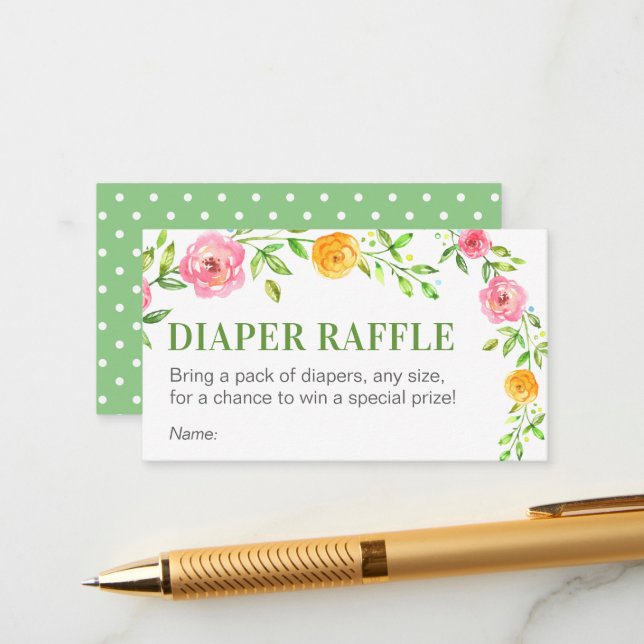 Tarjeta De Recepción Floral Green Diaper Raffle Ticket Baby Shower (Anverso/Reverso In Situ)