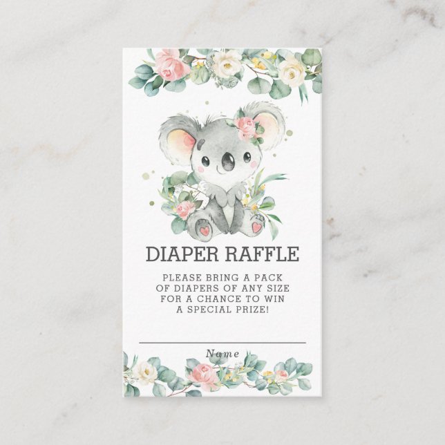 Tarjeta De Recepción Floral Greenery Koala Baby Shower Diaper Raffle (Anverso)
