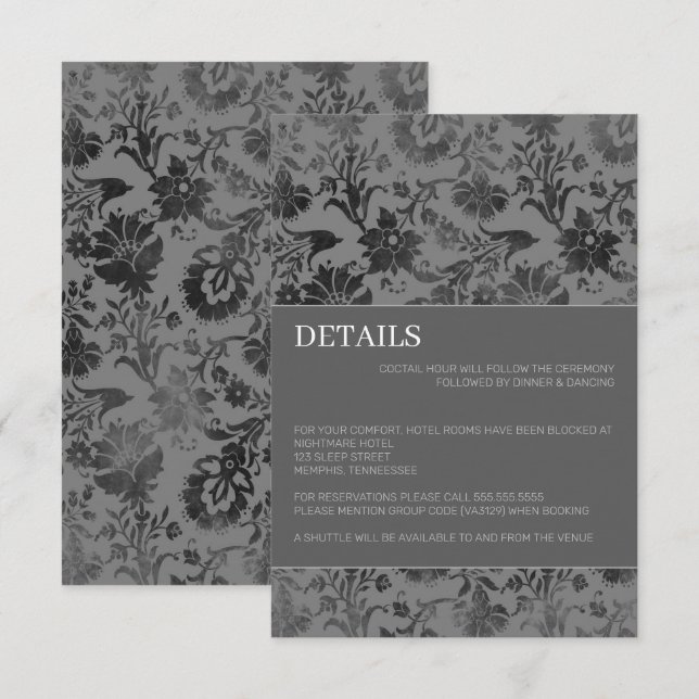 Tarjeta De Recepción Floral Gris Oscuro (Anverso / Reverso)