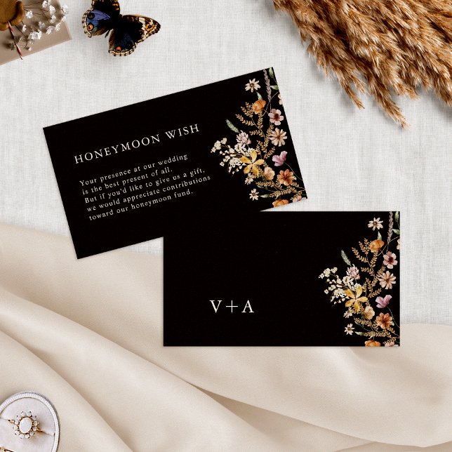 Tarjeta De Recepción Floral Honeymoon Wish (Black Floral Honeymoon Wish Enclosure Card Monogram by Painted Paperie
)
