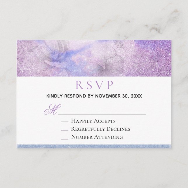 Tarjeta De Recepción ~ Floral Lavanda Azul Purpurina Elegante RSVP (Anverso)
