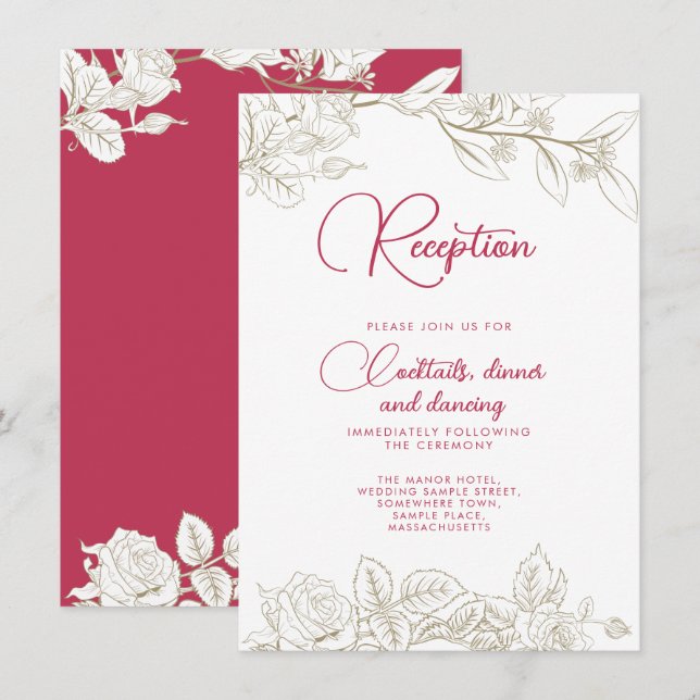 Tarjeta de recepción Floral Magenta de Boda de Oro (Anverso / Reverso)