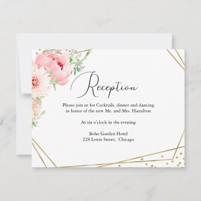Tarjeta de recepción floral moderna de boda geomét (Anverso)