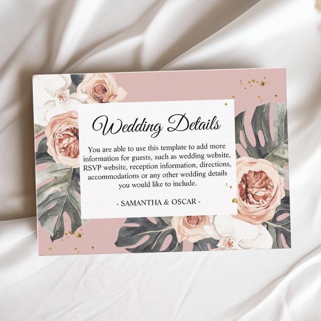 Tarjeta De Recepción Floral moderna rosa y verde hoja tropical y orquíd (Subido por el creador)