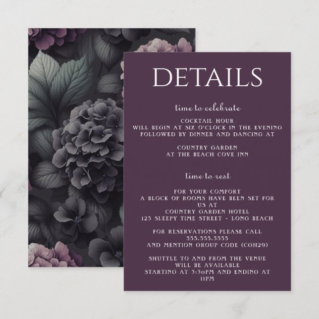 Tarjeta De Recepción Floral morada negra (Anverso / Reverso)