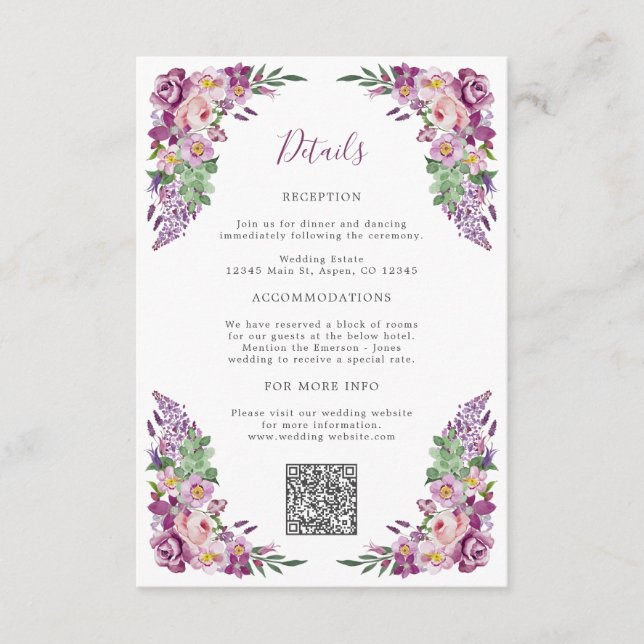Tarjeta De Recepción Floral Morado Elegante (Anverso)