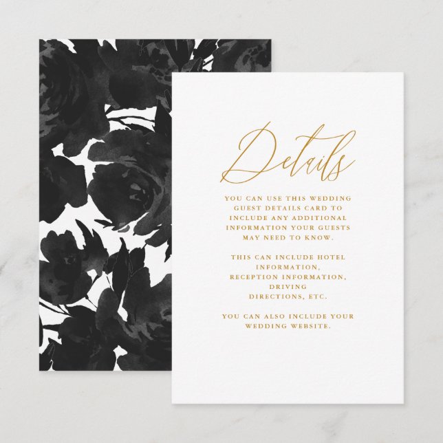 Tarjeta De Recepción Floral negra de moda con Boda caligráfico (Anverso / Reverso)