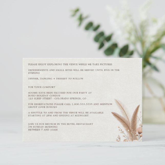 Tarjeta De Recepción Floral neutra de Boho con Boda de detalles (Anverso de pie)