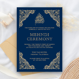 Tarjeta De Recepción Floral Ornamental Azul y Dorado Mehndi Islámico Mu