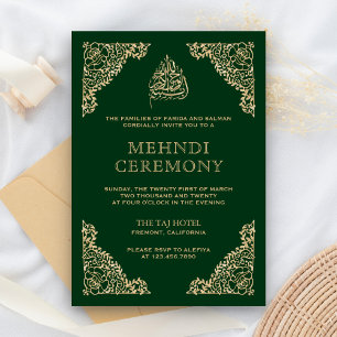 Tarjeta De Recepción Floral Ornate Verde y Dorado Mehndi Islámico Musul