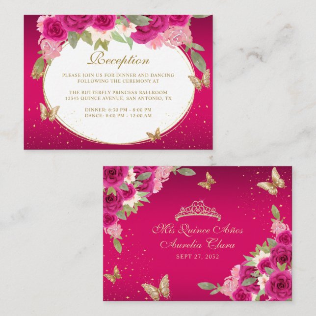 Tarjeta De Recepción Floral Oro rosa Tiara Mariposa Quinceañera (Anverso / Reverso)