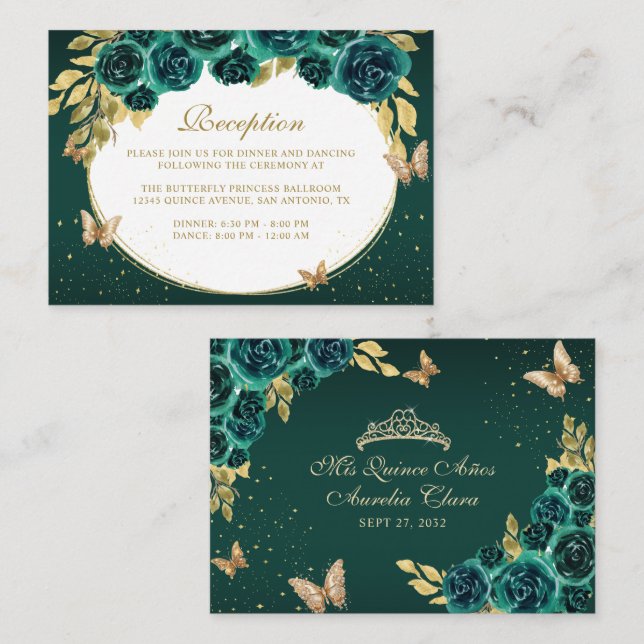 Tarjeta De Recepción Floral Oro Verde Tiara Mariposa Quinceañera (Anverso / Reverso)