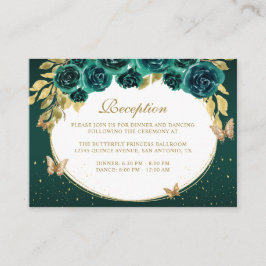 Tarjeta De Recepción Floral Oro Verde Tiara Mariposa Quinceañera