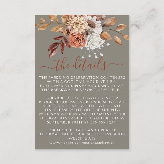 Tarjeta De Recepción Floral otoñal sobre Boda gris (Anverso)