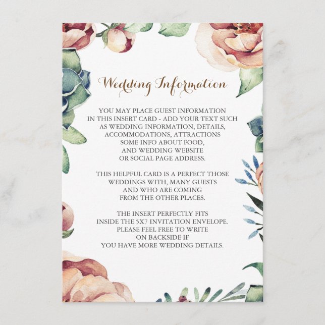 Tarjeta De Recepción floral otoño marfil boda información insértese (Anverso)