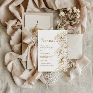Tarjeta De Recepción Floral Peonies White Golden Elegant Wedding