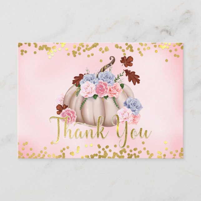 Tarjeta De Recepción Floral Pequeña Calabaza Chica Baby Shower Gracias (Anverso)