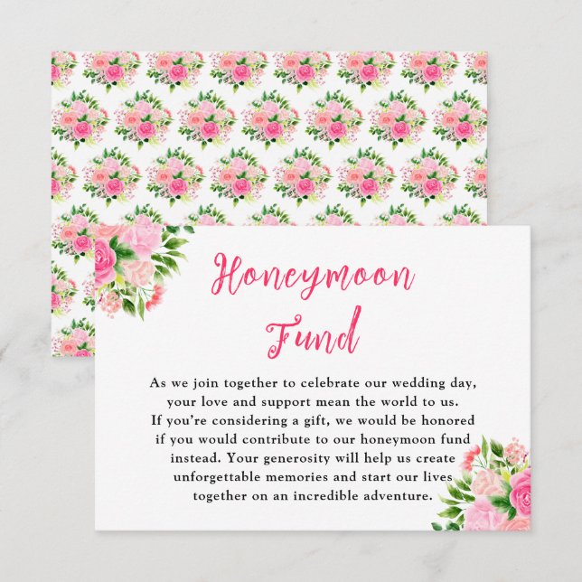 Tarjeta De Recepción Floral Pink Roses Wedding Honeymoon Fund (Anverso / Reverso)