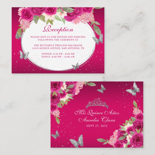 Tarjeta De Recepción Floral Plata rosa Tiara Mariposa Quinceañera (Anverso / Reverso)