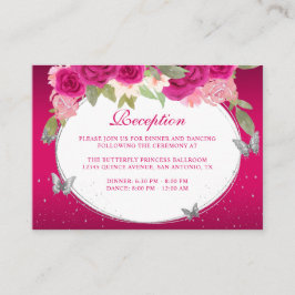 Tarjeta De Recepción Floral Plata rosa Tiara Mariposa Quinceañera