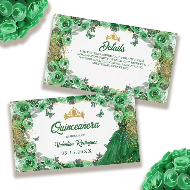 Tarjeta De Recepción Floral Quinceanera, Purpurina de oro verde esmeral (Emerald Green Gold Glitter Floral Quinceanera Enclosure Card)