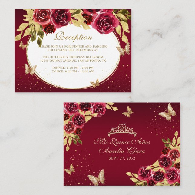 Tarjeta De Recepción Floral Red Gold Tiara Mariposa Quinceañera (Anverso / Reverso)