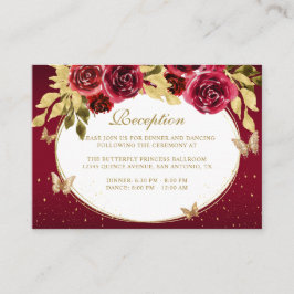 Tarjeta De Recepción Floral Red Gold Tiara Mariposa Quinceañera