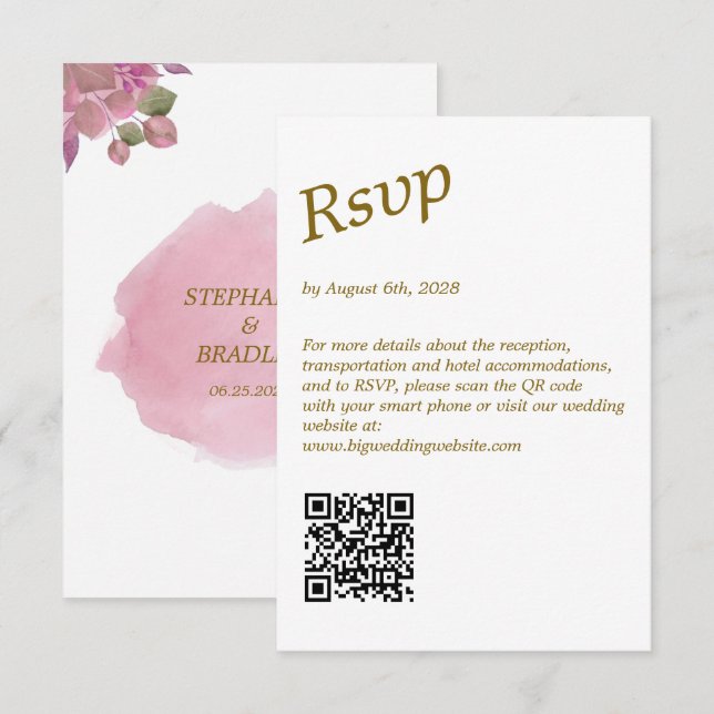 Tarjeta De Recepción Floral rosa elegante moderno simple Boda de código (Anverso / Reverso)