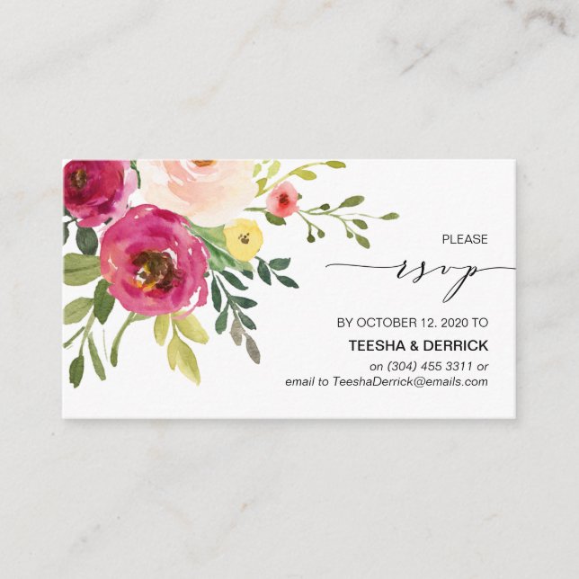 Tarjeta De Recepción Floral rosa Rubor, fuente negra, RSVP de nuestra b (Anverso)