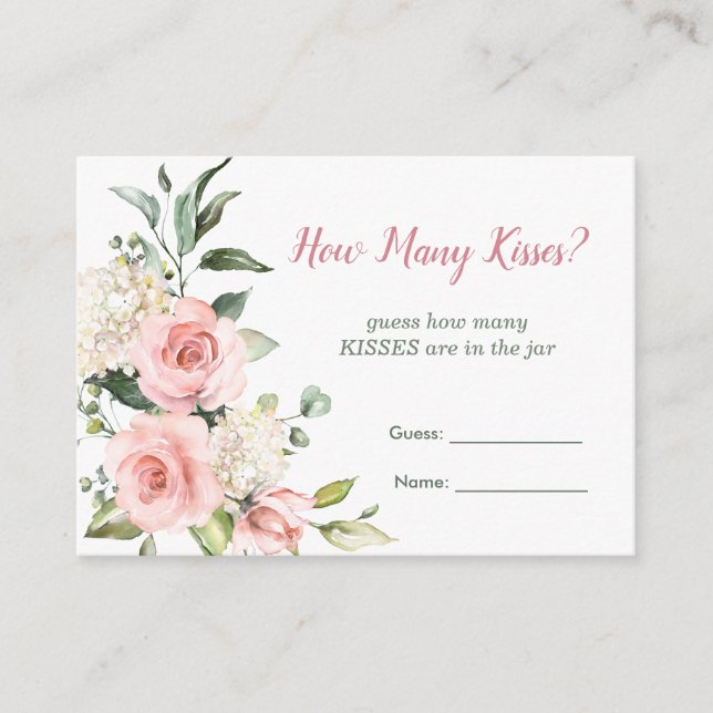 Tarjeta De Recepción Floral rosa, verde adivina cuántos besos juegan (Anverso)