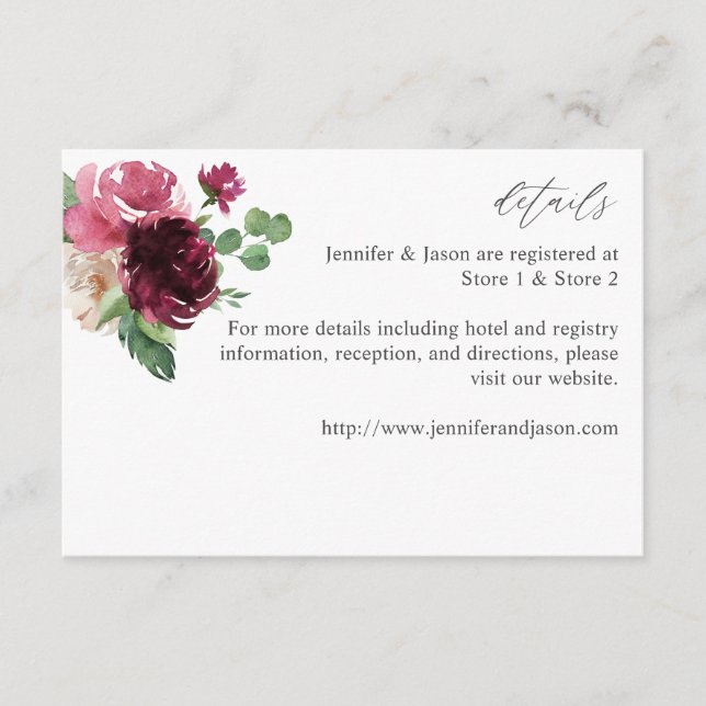Tarjeta De Recepción Floral rosa y borgoñona 7 LG (Anverso)