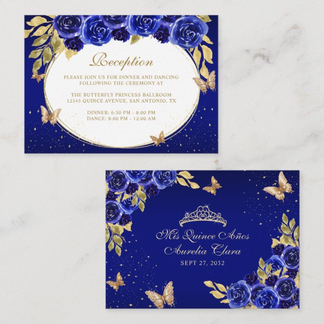 Tarjeta De Recepción Floral Royal Blue Gold Tiara Butterfly Quinceañera (Anverso / Reverso)