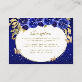 Tarjeta De Recepción Floral Royal Blue Gold Tiara Butterfly Quinceañera