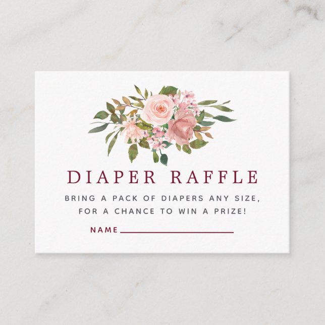 Tarjeta De Recepción Floral Rubor & Burgundy Baby Shower Diaper Raffle (Anverso)