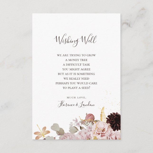 Tarjeta De Recepción Floral Rubor moderna | Boda Deseando Bien (Anverso)