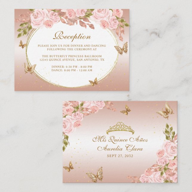 Tarjeta De Recepción Floral Rubor Pink Gold Tiara Butterfly Quinceañera (Anverso / Reverso)