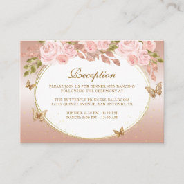 Tarjeta De Recepción Floral Rubor Pink Gold Tiara Butterfly Quinceañera