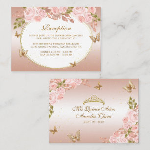 Tarjeta De Recepción Floral Rubor Pink Gold Tiara Butterfly Quinceañera
