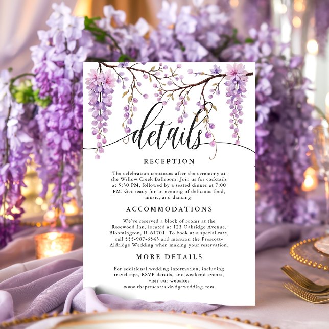 Tarjeta De Recepción Floral Script Purple Wisteria Calligraphy Detalles (Subido por el creador)