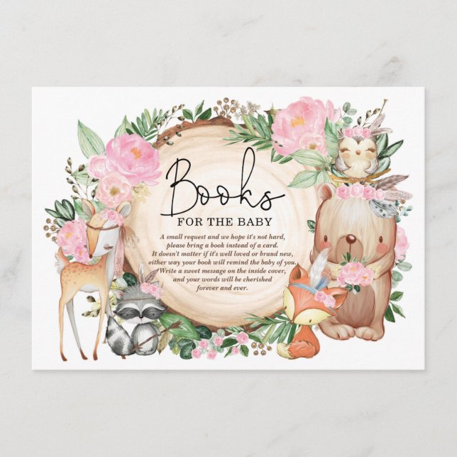 Tarjeta De Recepción Floral Tribal Woodland Animals Libros para Niña (Anverso)