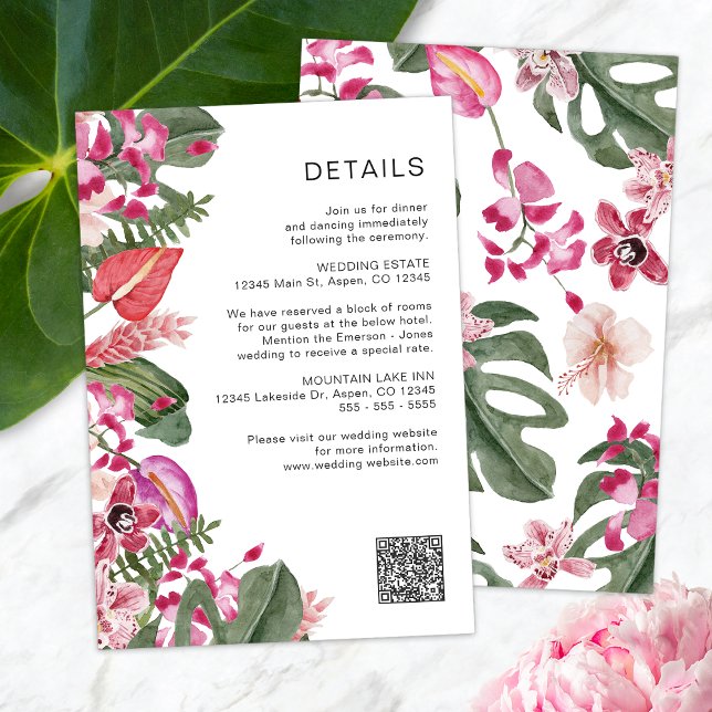 Tarjeta De Recepción Floral tropical colorida (Colorful Tropical Floral Watercolor Enclosure Card QR Code by Painted Paperie
)