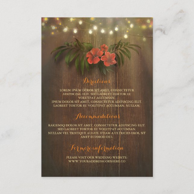 Tarjeta De Recepción Floral Tropical Floral String Lights Beach Wedding (Anverso)