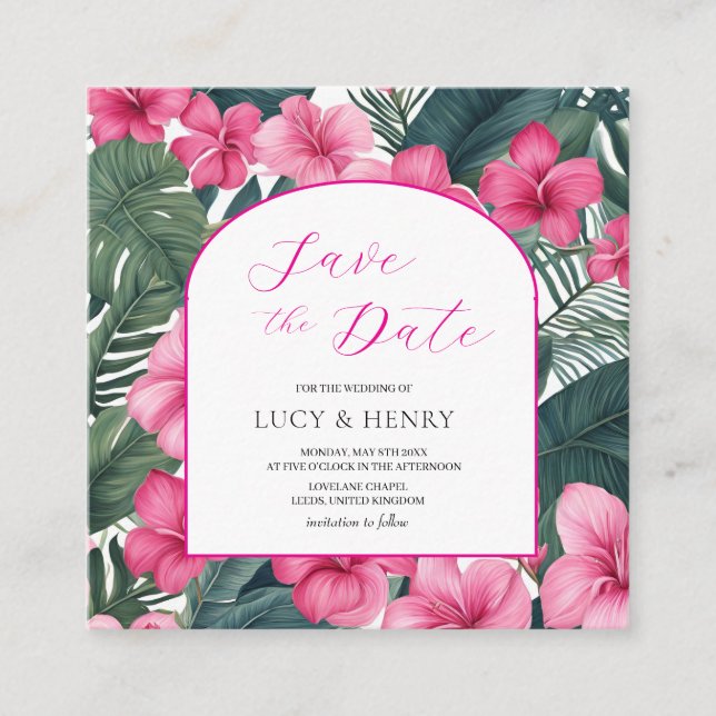 Tarjeta De Recepción Floral Tropical Rosa de Vacaciones (Anverso)