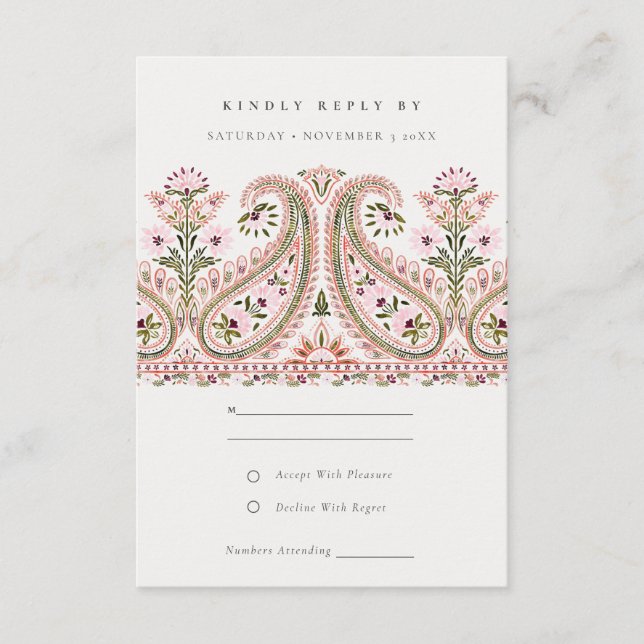 Tarjeta De Recepción Floral verde rosa Paisley Motif Wedding RSVP (Anverso)