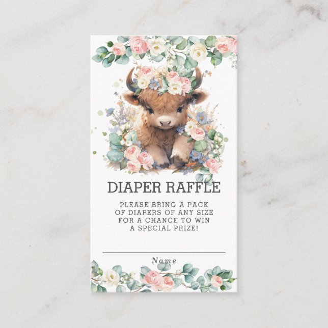 Tarjeta De Recepción Floral Verdor Highland Cow Baby Diaper Raffle (Anverso)